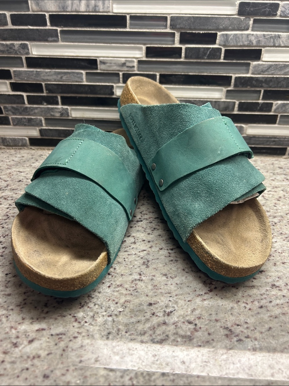 Birkenstock Mens Kyoto Green/ Teal Suede Slide Sandals size 9, womens 11
